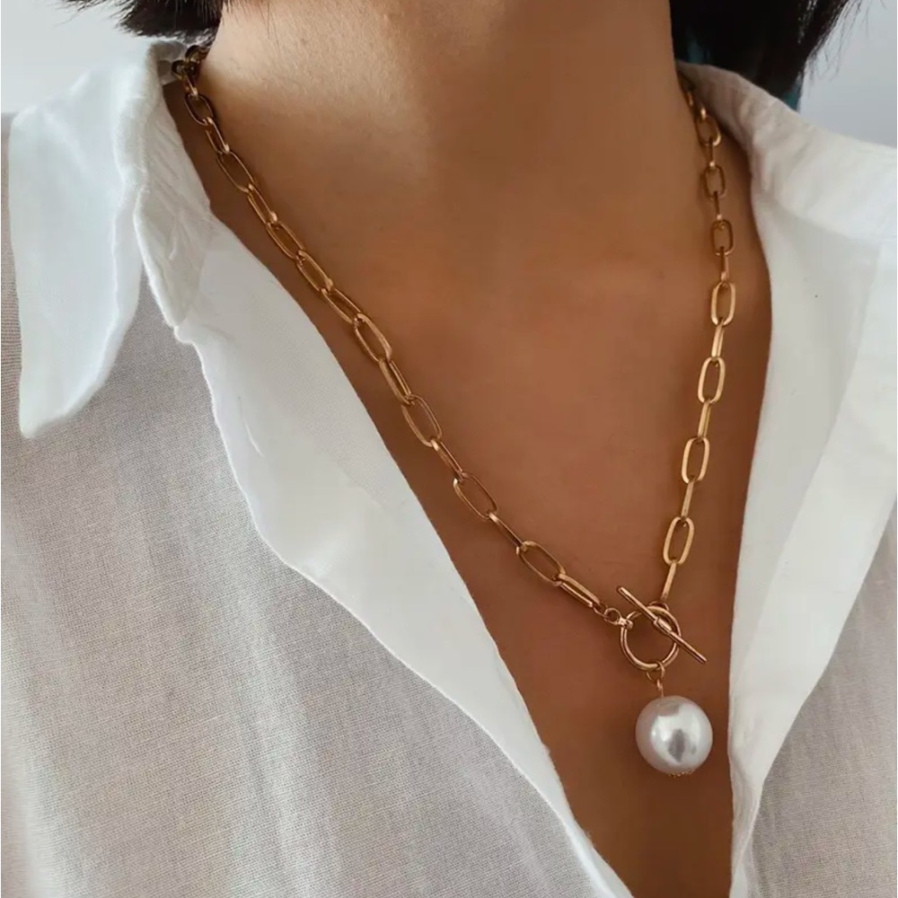 NEW ❤️‍🔥 GOLD PAPERCLIP CHAIN NECKLACE WITH PEARL PENDANT